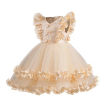 Mädchen-Tutu-Kleid, unregelmäßiger Tüll, flatternde Ärmel, A-Linie, Prinzessinnenkleid, Blumenmädchen-Geburtstagskleid, Ballkleid, Beige, 1-2