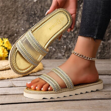 Sandali piatti da donna Willtoo con punta aperta, cinturino intrecciato e perline, scarpe basse a punta tonda con design a blocchi di colore e