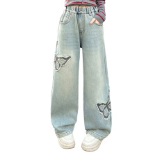 Ungdoms casual jeans med vide ben for jenter, denimbukser med sløyfebroderi, blå, 9-10 år