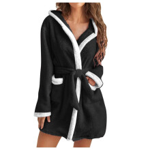 ¡Liquidación! Bata de baño con capucha de felpa para mujer – Bata de felpa cálida para otoño/invierno, camisón y ropa de casa – Negra