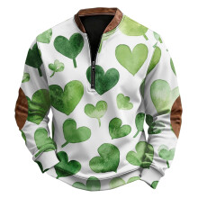 Sweat à capuche zippé demi-hauteur à col rond et imprimé cœur américain rétro pour homme - Pull tendance et décontracté - Vert - Taille M