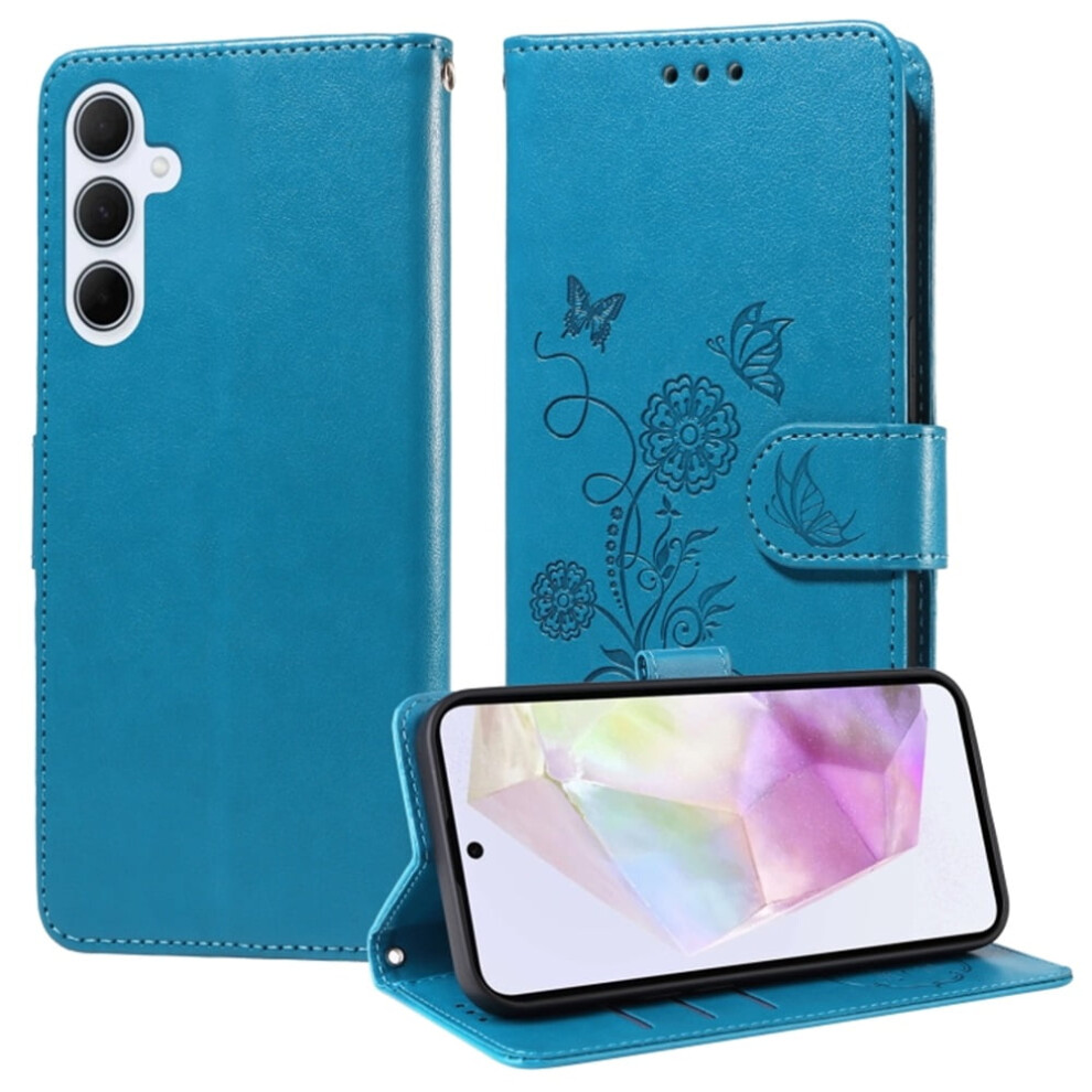 Embossed Butterfly Flower Leather Flip Case For Samsung Galaxy A35 5GâShockproof, Card Slots, Cash Compartment, Kickstand Blue 9340959397266