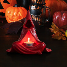 Fekete gyertya, misztikus kapucnis köpennyel díszített kerámia gyertya, varázslatos hangulatfény otthoni dekorációhoz halloweeni partira