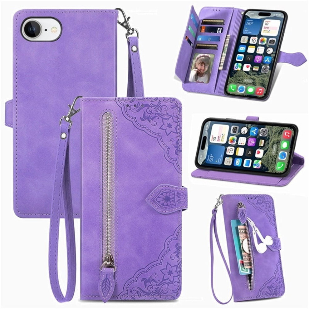 Magnetic Leather Wallet Case With Zipper, Kickstand & Wrist Strap For Compatible With Iphone 16E 6.1" 9340959397334