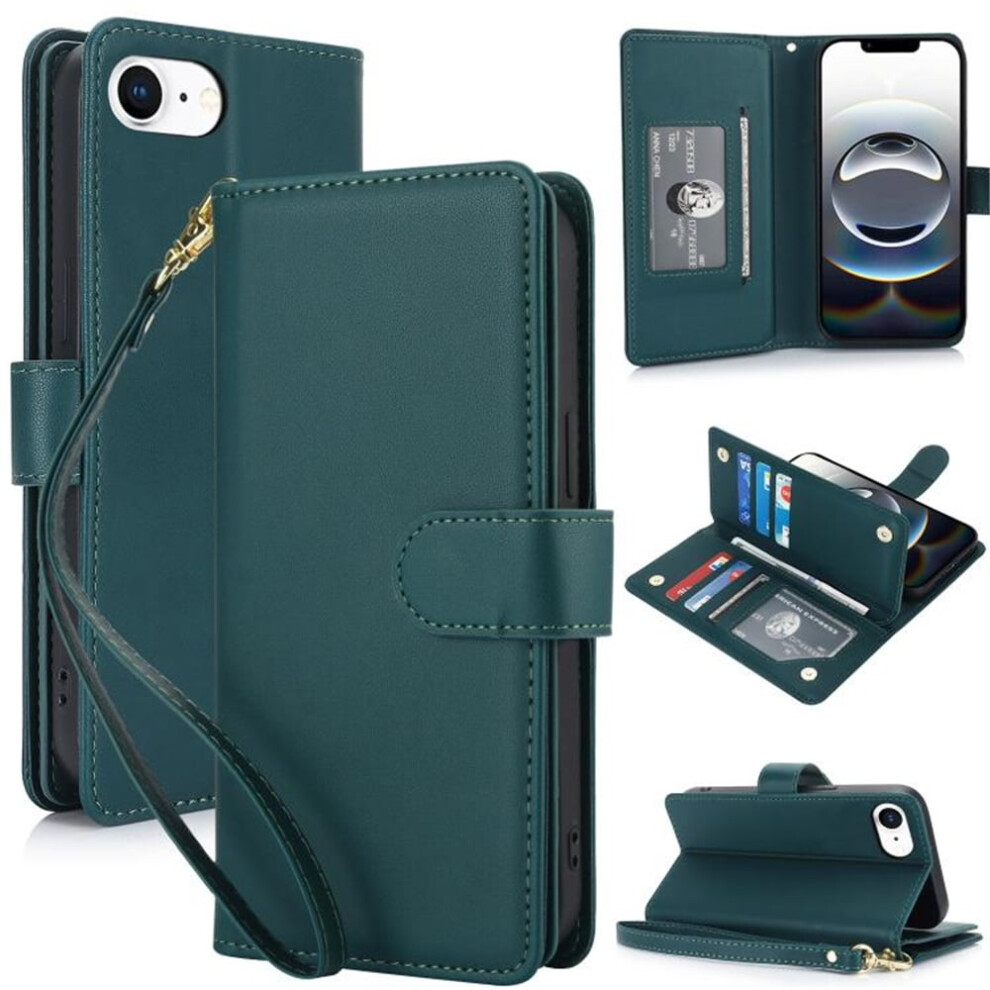 Leather Magnetic Flip Wallet Case For Iphone 16E (6.1") Â Rfid Blocking, Card Slots, Kickstand, Anti-Drop Tpu, Detachable Wrist Strap, Green 9340959396221