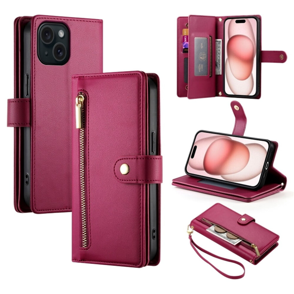 Leather Wallet Case For Iphone 15 (6.1") Â Multi-Card Slots, Zipper Pocket, Lanyard Strap, Wristlet Â Compatible With Iphone 15 Red 9193271095743