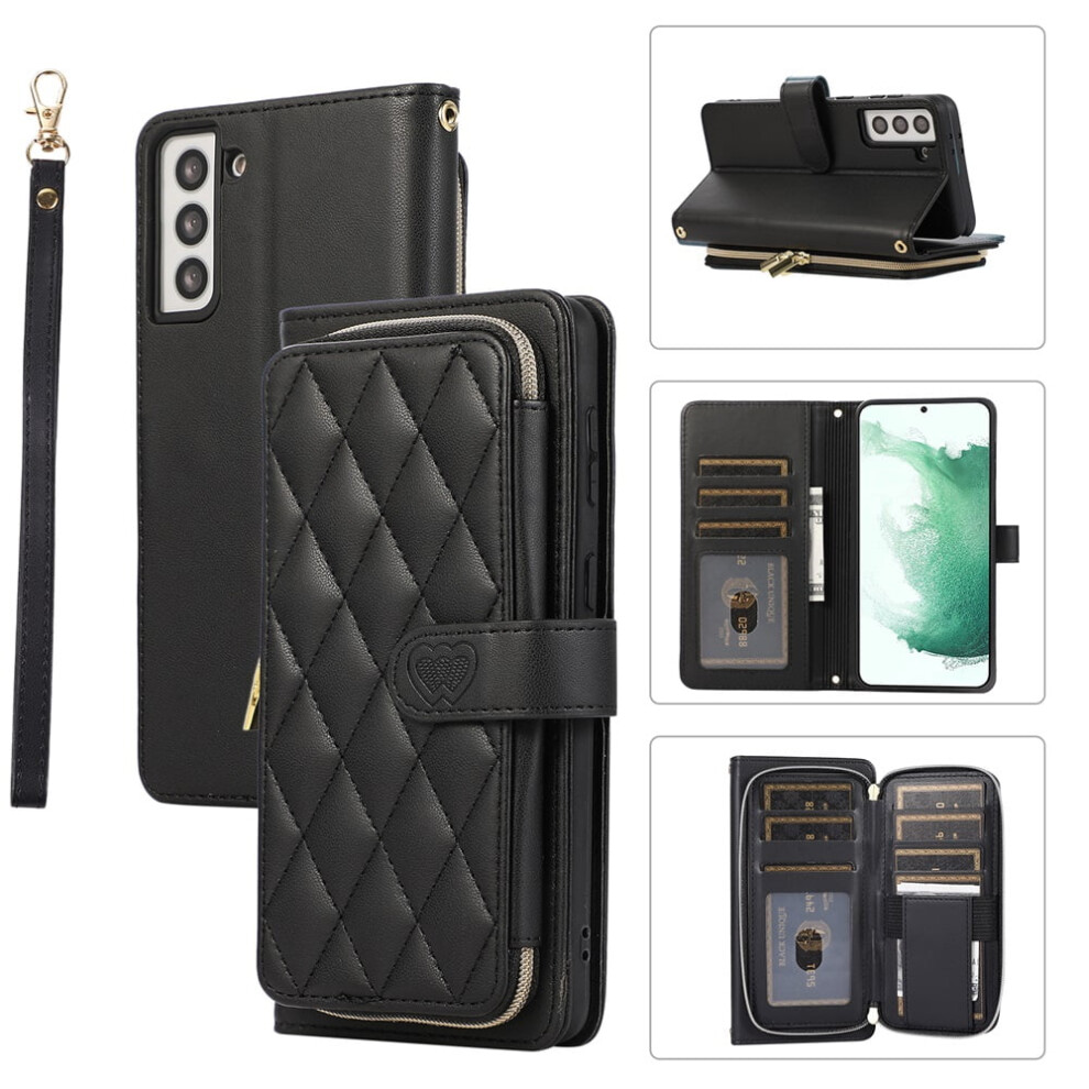 Luxury Leather Wallet Case With Wrist/Shoulder Strap, 9 Card Slots & Zipper Purse For Samsung Galaxy S22 5G 6.1" Â Black 9340959399642