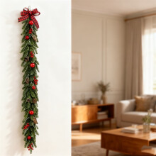 Guirlanda de Natal de 150 cm com pinhas, frutos vermelhos, laços, bolas e doces – para lareira, parede, porta e decoração de interiores.