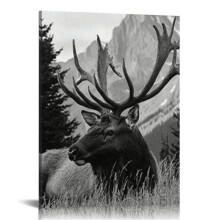 Canvas Print Black and Canvas Wall Art Elk Art Picture Animal in Forest Nature Landscape Painting Hunting Theme Decor 12x16 in