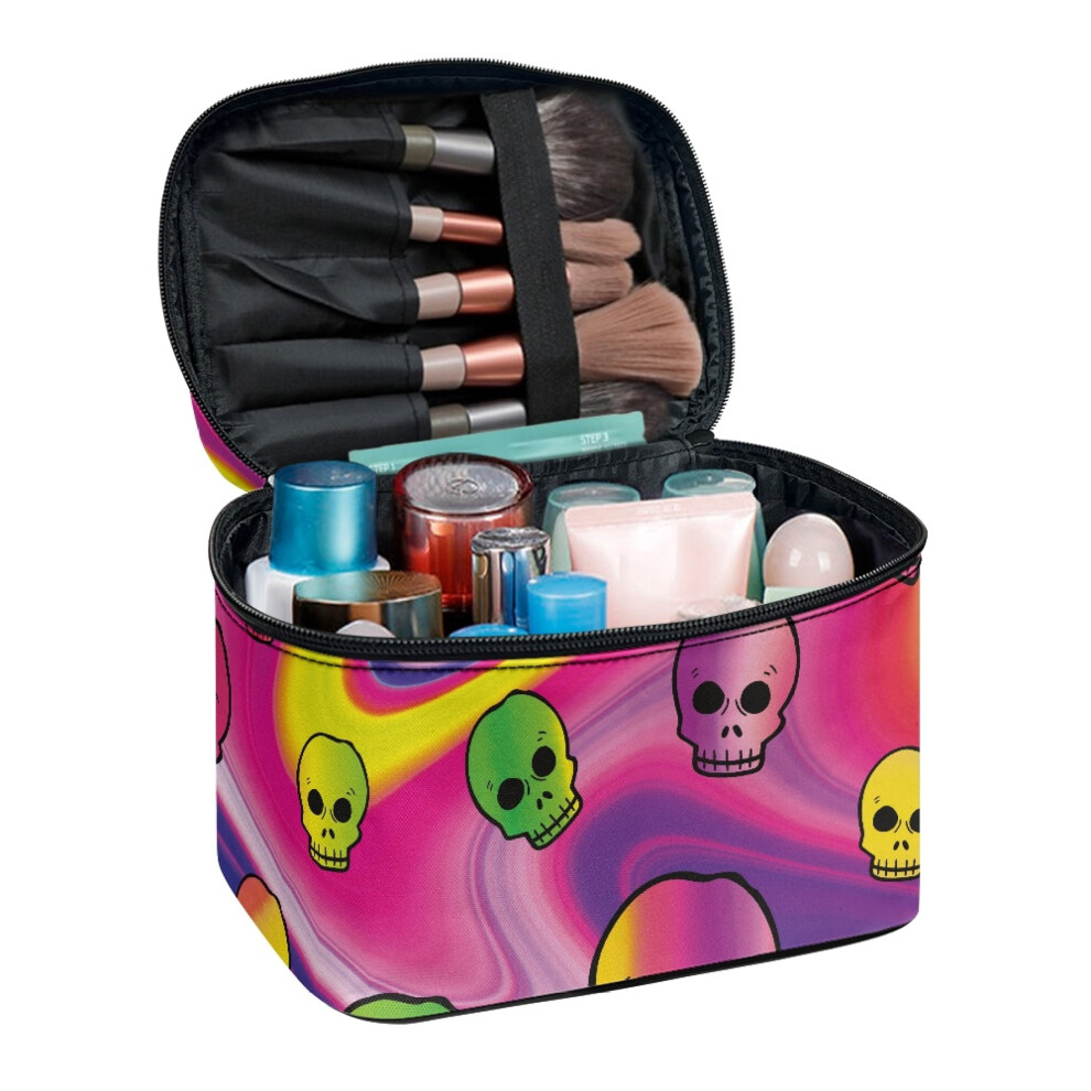 Makeup Bag Travel Cosmetic Bag Portable Travel Cosmetic Bag Organizer with Brush Slots Multi-use Portable and Durable, Colorful Skull Pattern