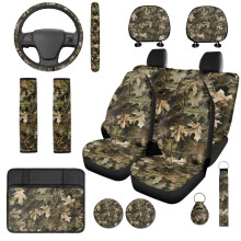 Ensemble de 14 housses de siège auto camouflage forêt de chasse avec housses pour volant, appuie-tête, console et sous-verres – Élastiques,