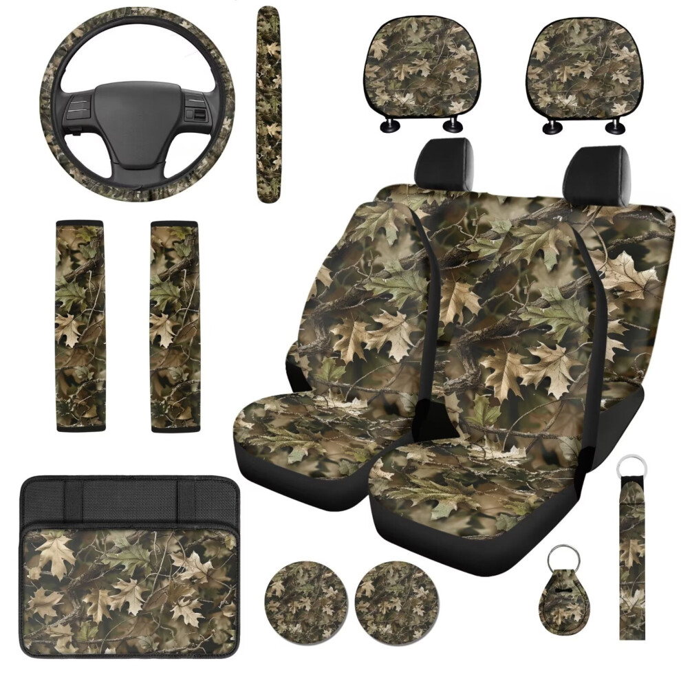 14-Piece Camo Hunting Forest Car Seat Cover Set W/ Steering Wheel, Headrest, Console & Cup Coaster Covers Â Elastic, Compatible With Suv 9193271097532