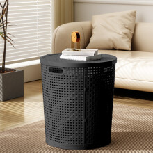 Großer Wäschekorb aus Kunststoff mit Deckel, belüfteter Wäschekorb im Rattan-Stil für Kleidung und Spielzeug, Organizer für Zuhause/Badezimmer