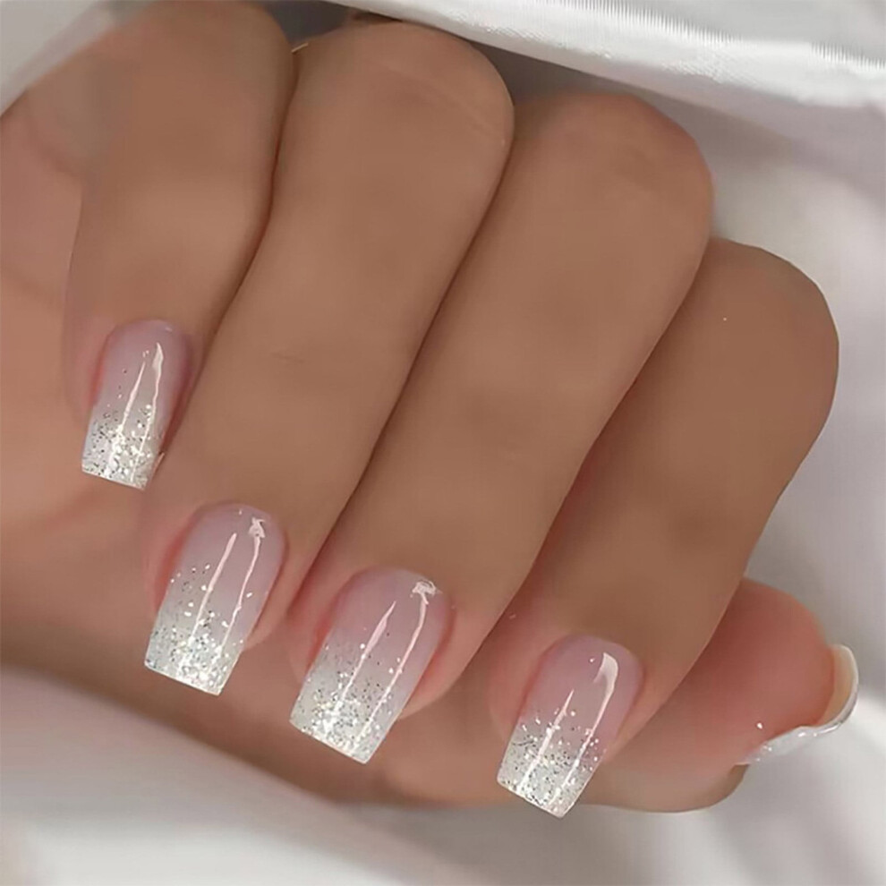 FEAMOS 24 Pcs Short Square False Nails Gradients Full Covers Stick on Nails Glittering False Nails French Tip Press On Nails