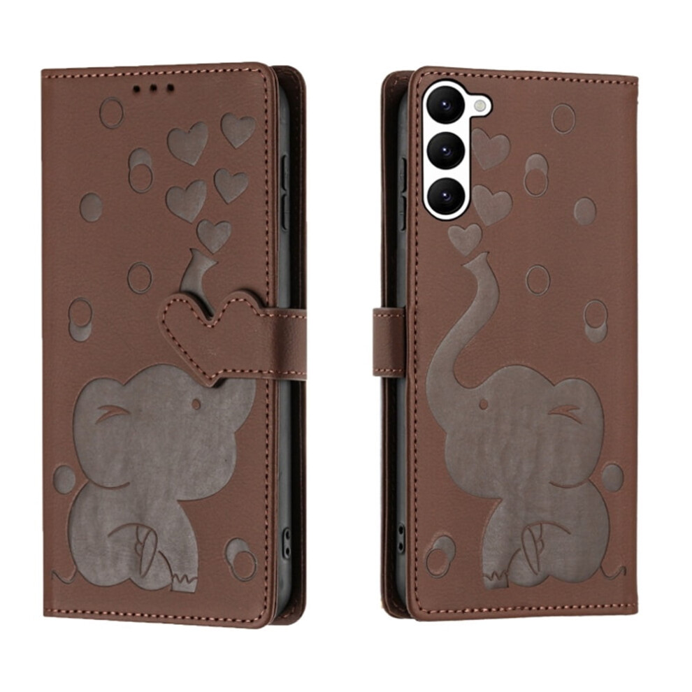 Pu Leather Flip Wallet Case For Samsung Galaxy S23+ 5G 6.6", With Magnetic Closure, Card Slots, Hand Strap & Elephant Embossing Brown 9353595652415