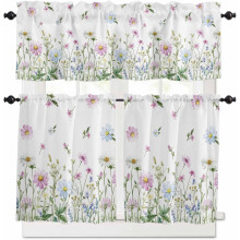 Flower Green Kitchen Curtains Set – Blue/Pink Daisy Floral 3-Piece Valance & Tiers, 24", Rod Pocket, for Cafe, Living Room, Bathroom