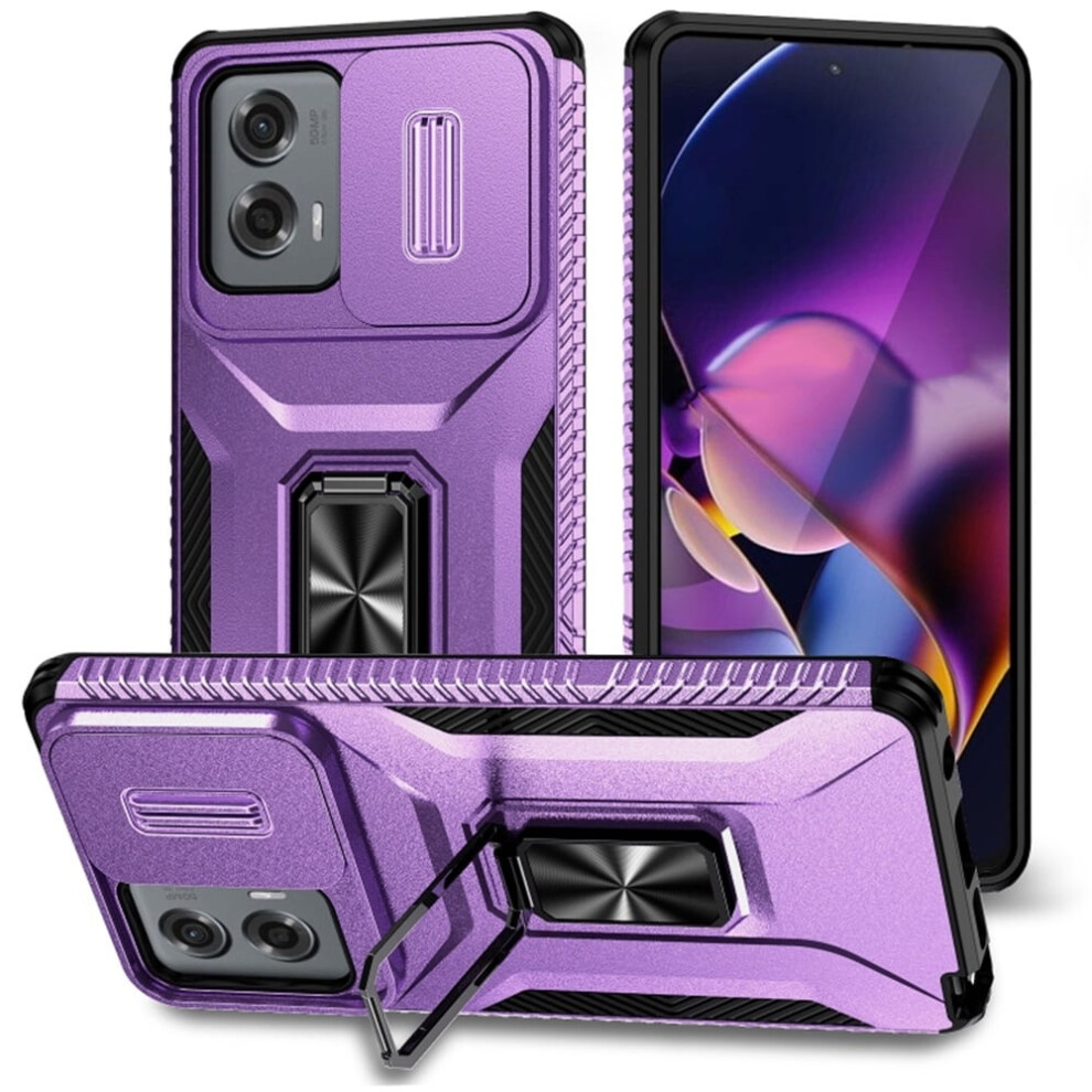 Slim Shockproof Hybrid Case For Motorola Moto G Stylus 2024 (6.7"), With Slide Camera Cover & Rotated Ring Kickstand, Military-Grade, Purple 9353595653320