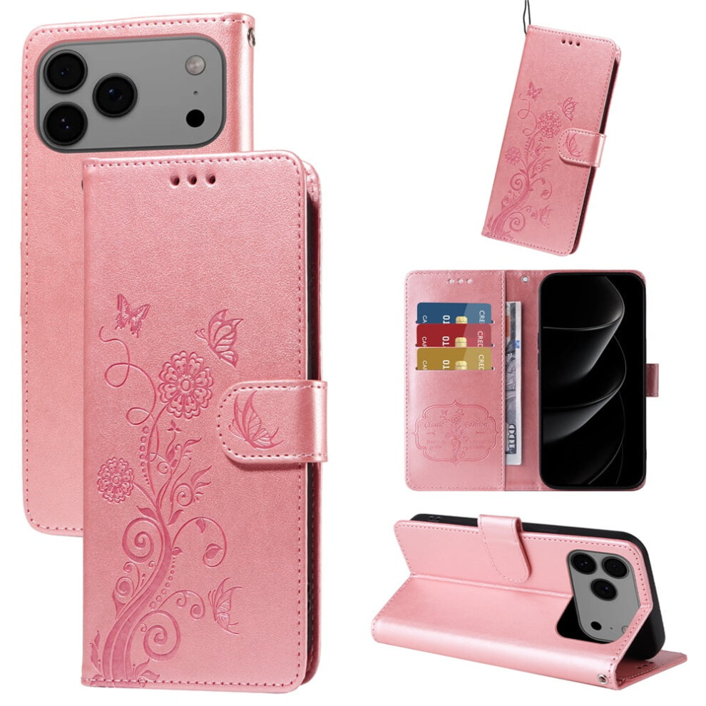 Embossed Butterfly Flower Leather Flip Case For Iphone 17 Pro MaxâShockproof, Kickstand, Card Slots & Cash Compartment Pink 9327961741829