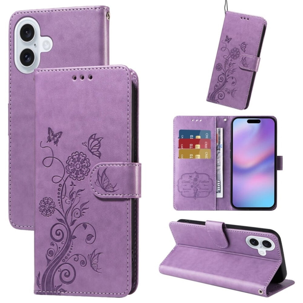 Embossed Butterfly Flower Leather Phone Case For Iphone 17 Â Shockproof, Kickstand, Card Slots & Cash Compartment Purple 9193271098508
