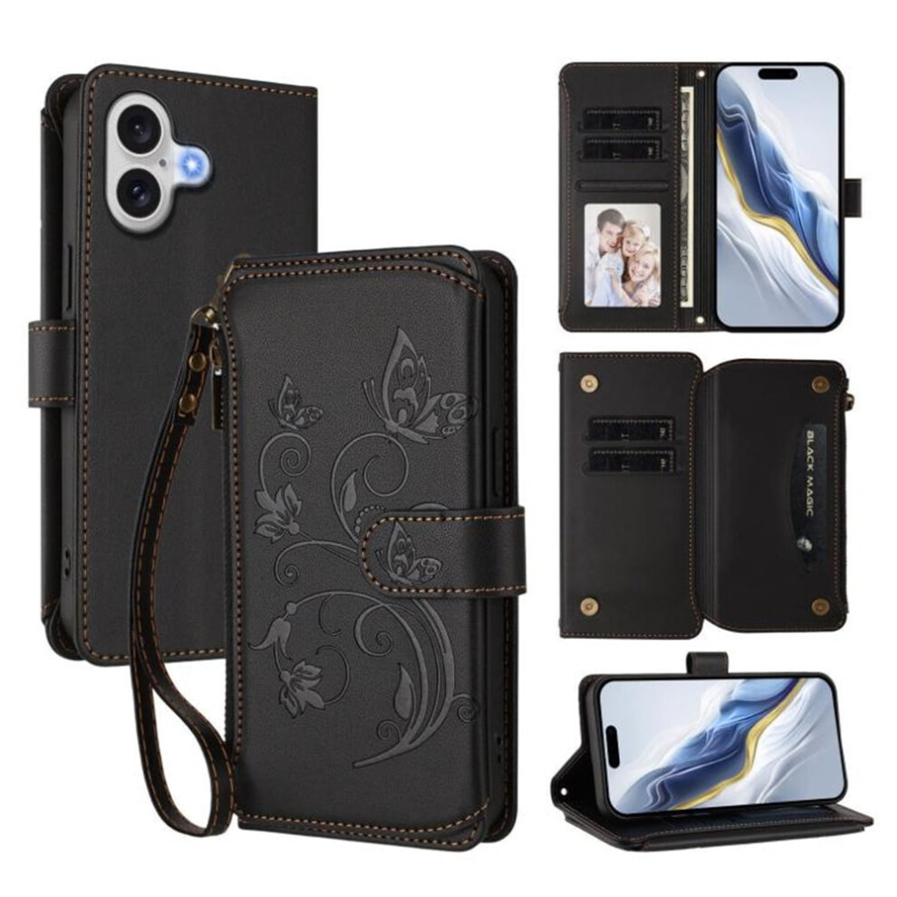 Magnetic Clasp Flip Stand Case For Iphone 17 Â Lanyard, 5-Card Holder, Butterfly Flower Zipper Wallet, Black 9327961739895