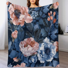 Navy Blue & Blush Pink Floral Flannel Throw Blanket, 50"x60", Super Soft Warm Compatible with Couch, Bed, Living Room