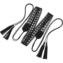 Bohemian Vintage Braided Belt with Knotted Tassel Trim for Skirts - Fringe Waist Cincher for Dresses & Western Style(Black)