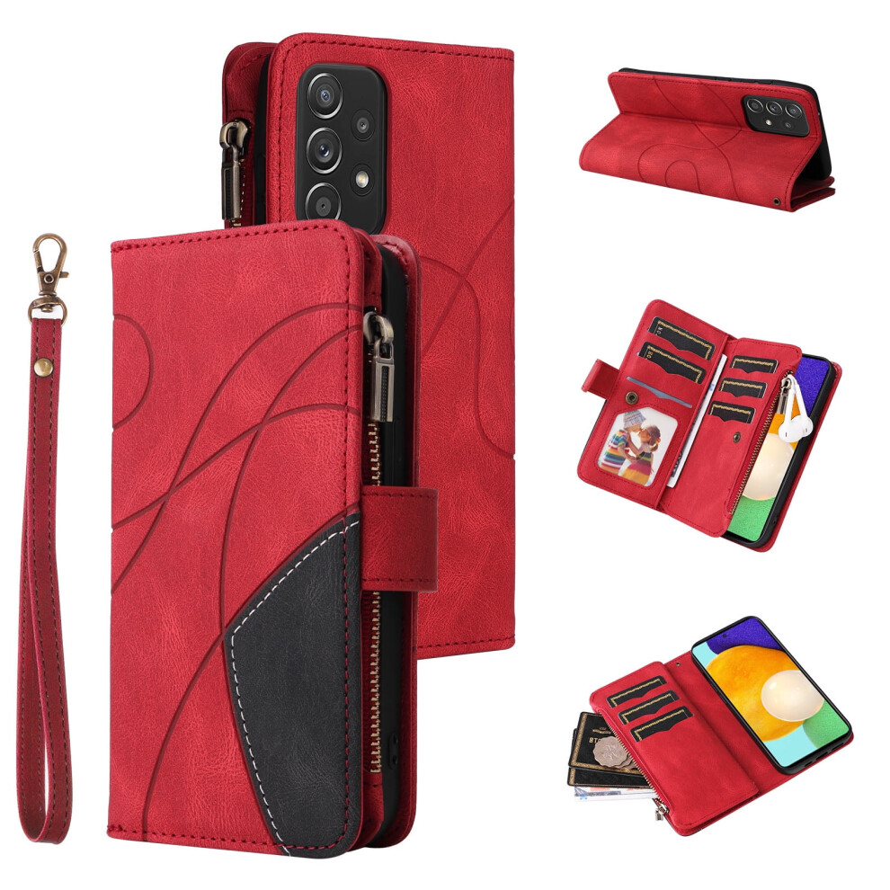 Pu Leather Folio Case For Samsung Galaxy A52 5G Â 9-Card Holder, Zipper Pocket, Magnetic Closure & Wrist Strap Red 9327961740822