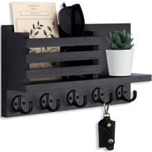 Key Holder for Wall – Decorative Wooden Mail Holder and Key Shelf with Mounting Hardware, Installation Guide – with 5 Metal Key Hooks