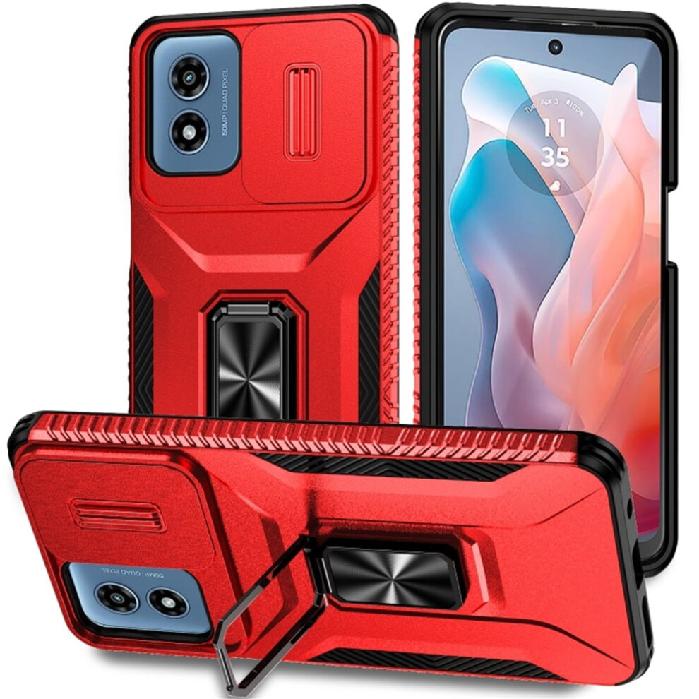 Slim Shockproof Hybrid Case For Motorola Moto G Play 2024, Slide Camera Cover & Rotated Ring Kickstand, Military-Grade, Red 9353595655027