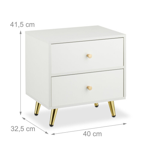 White Bedside Table with Gold Legs, 2 Drawers 2