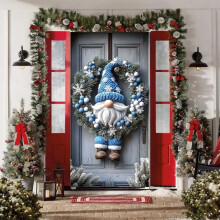 Kerstdeurdecoratie – Kabouterbanner met blauwe muts, 71x35 inch, fotografieachtergrond, winterse kerst- en nieuwjaarsdecoratie