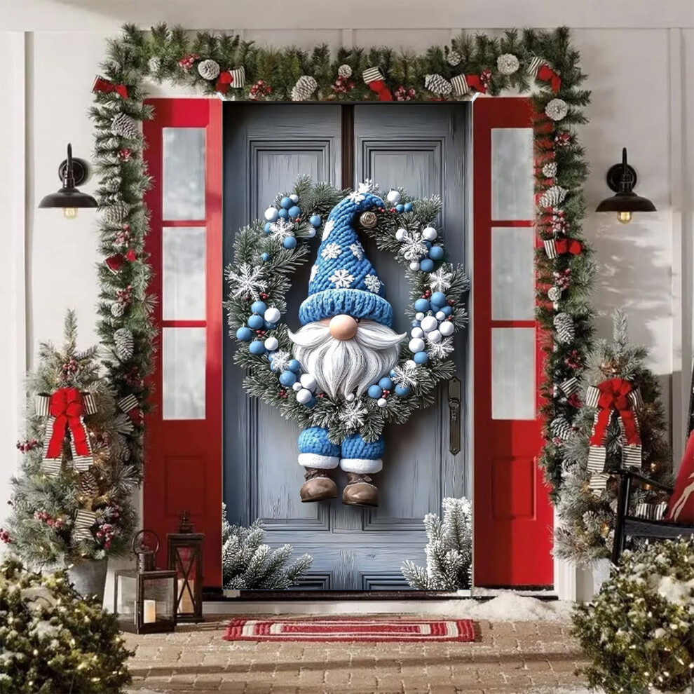 Christmas Door Cover Decoration Gnome Banner Hat 71X35 Blue 9122141584155