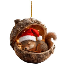 Decorazioni natalizie a forma di ghianda con animali del bosco: scoiattolo con cappello rosso, decorazione per albero di Natale a tema bosco,