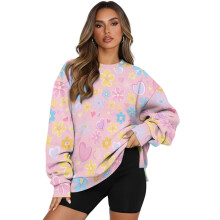 Sudadera de mujer extragrande con estampado de corazón y flores, manga larga, jersey de cuello redondo, moda otoño 2025 Talla XXL