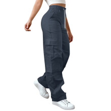 Cargobroek met hoge taille en parachute-print voor dames – wijde pijpen, elastisch trekkoord, geschikt voor buitenactiviteiten zoals wandelen en