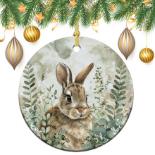 Ornamento in ceramica con fiore primaverile e coniglietto – Decorazione natalizia a tema coniglietto del bosco per l'albero di Natale, idea regalo
