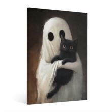 Schwarze Katze und Geist – Leinwandbild, Vintage-Halloween-Dekoration