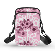 Blomsterprintet leopardlyserød slyngetaske med lynlås og justerbar skulderrem i polyester, 10,4 x 4,3 x 18,3 cm til mænd og kvinder.