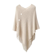 Xale feminino de tricô com capuz e franjas, bege.