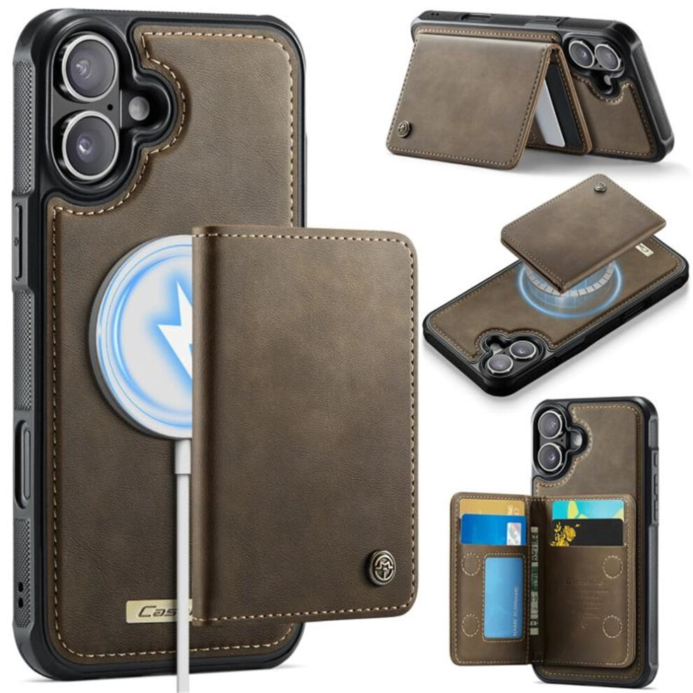 Rfid-Blocking Pu Leather Case For Iphone 16, Magsafe-Compatible 2-In-1 Wallet With Kickstand, Brown 9340959401666
