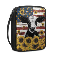 Cow Sunflower & American Flag Bible Cover – Waterproof, Zippered, with Handle, Compatible with Large Bibles