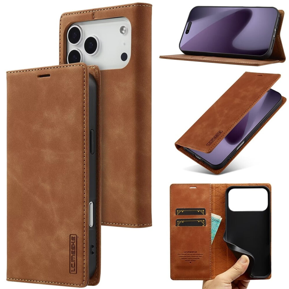 Leather Flip Wallet Case For Iphone 17 Pro Max Brown 9329345681424