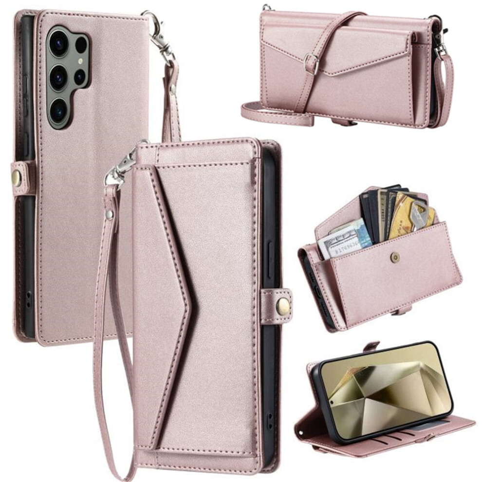 Compatible With Samsung Galaxy S25 Ultra 5G Pu Leather Flip Caseâ3 Card Slots, Hidden Pocket, Detachable Straps, Shockproof, Pink 9340959403974