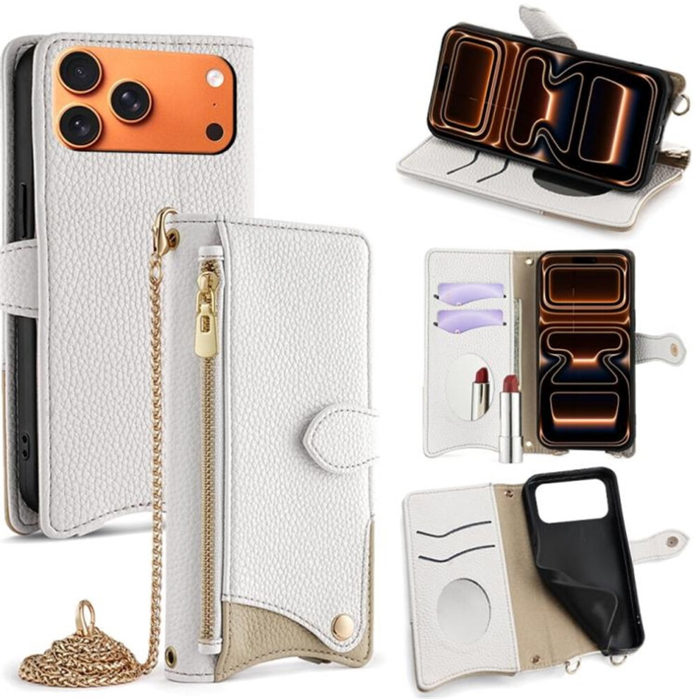 Pu Leather Magnetic Flip Wallet Case For Iphone 17 Pro MaxâMulti-Card Slots, Zipper Pocket, Hidden Mirror & Detachable Strap, White 9340959403707