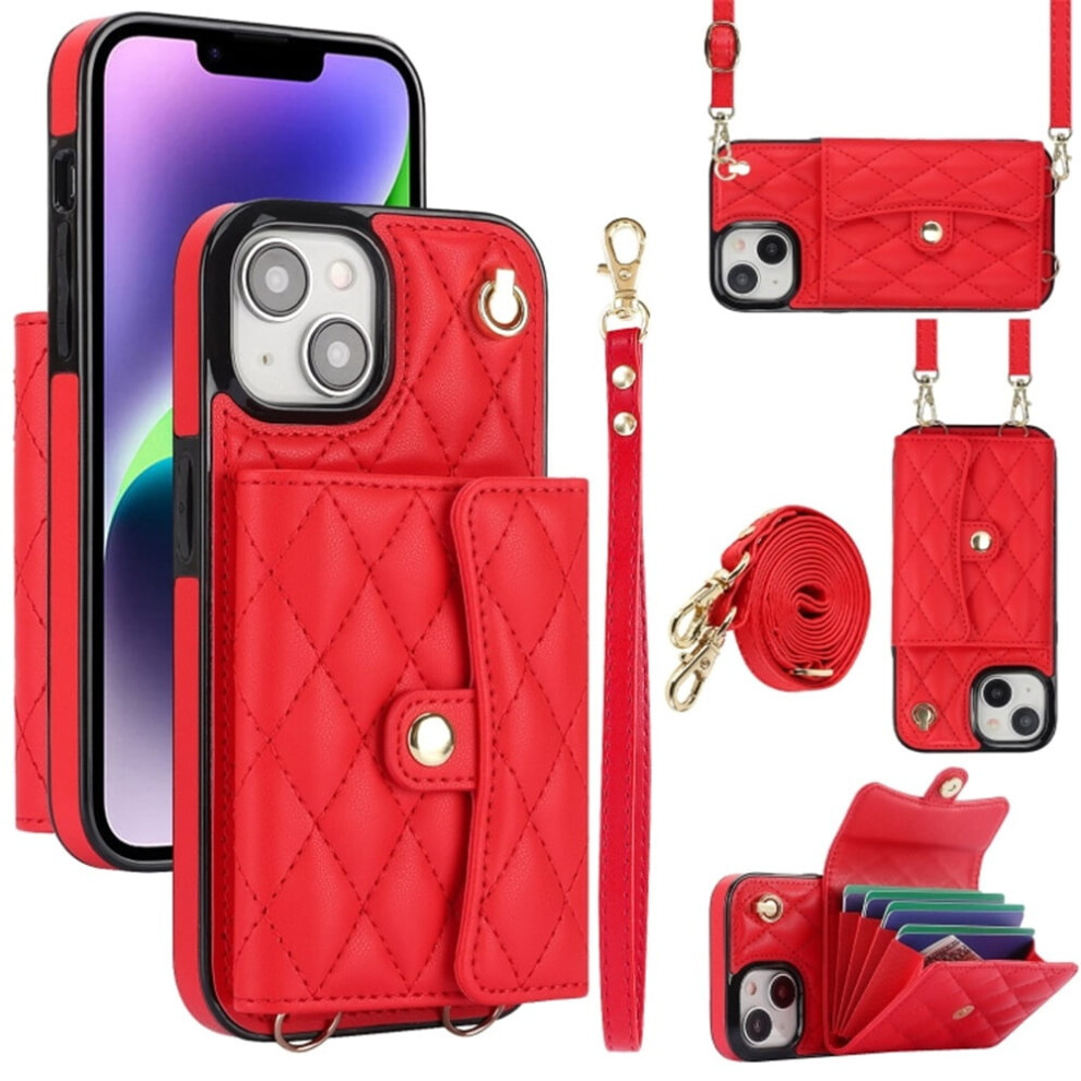 Rfid-Blocking Magnetic Flip Wallet Case For Iphone 13 Mini Â Multi-Card Slots, Detachable Shoulder & Wrist Straps Red 9340959403691