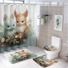 4-Piece Shower Curtain Set with Non-Slip Rugs & Toilet Mat – Forest Friends Woodland Animals Design, Waterproof & Durable