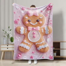 Gingerbread Man Throw Blanket – Soft Pink Flannel Comfort Blanket for Living Room, Bedroom, Compatible with Indoor Decor