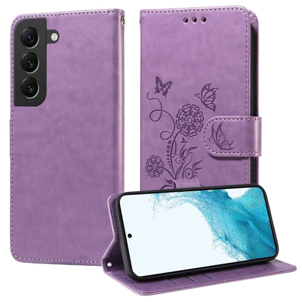 Butterfly Flower Flip Case For Samsung Galaxy S22 5G Â Shockproof, Kickstand, Card & Cash Slots, Embossed Leather Purple 9193271100805