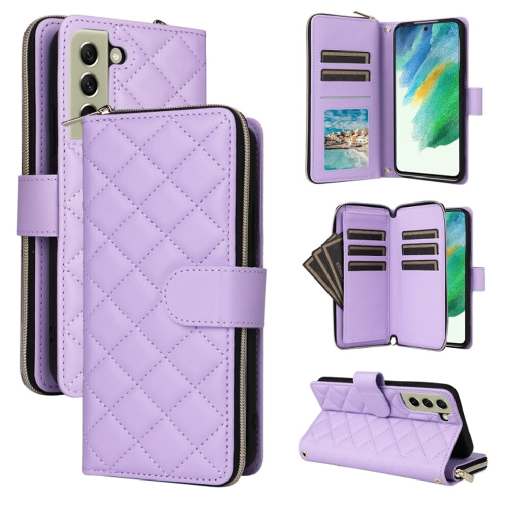 Magnetic Flip Wallet Case For Samsung Galaxy S21 Fe 5G Â 9-Card Slots, Zipper Pocket, Detachable Shoulder & Wrist Straps Purple 9193271101581