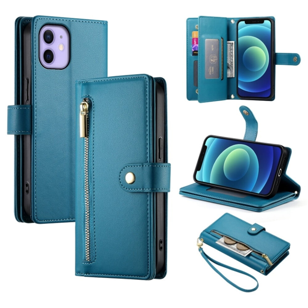 Leather Wallet Case For Iphone 12 Mini (5.4") Â Multi-Card Slots, Zipper Pocket, Lanyard Strap, Compatible With Iphone 12 Mini Blue 9327961745964